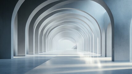 Modern architecture, long corridor with arches, light.