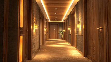 Luxurious hallway in a hotel with bright ceilings and wooden doors.
