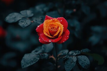 Red garden roses with yellow patterns  blooming in Bandung.