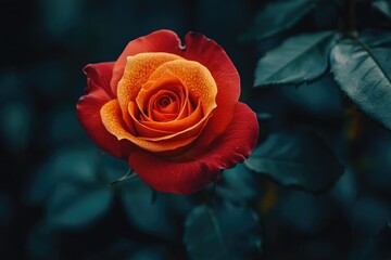 Red garden roses with yellow patterns blooming in Bandung.