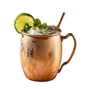 Extreme front view of a perfect looking Whiskey Mule whisky drink isolated on a white transparent background