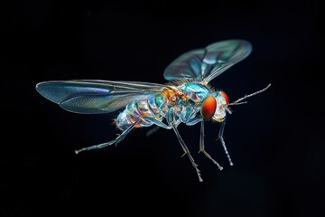 A high-resolution photo of a Calliphoridae fly in flight, frozen mid-air with its transparent wings fluttering.