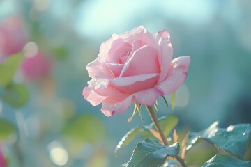 Obraz premium Close up of pink rose bud in spring garden.