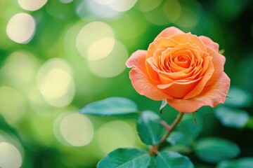 Orange Rose close up on green background with shallow depth.