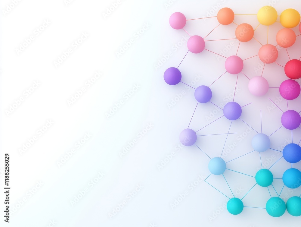 Poster colorful spheres connected in geometric network on gradient background