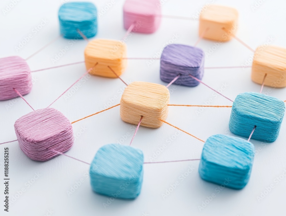 Poster colorful threaded cubes connected in network pattern on white background