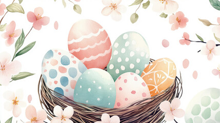 Colorful easter eggs in a rustic nest surrounded by cherry blossoms