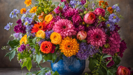 A beautiful and radiant assortment of flowers, illustrated in a detailed still life arrangement