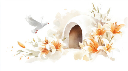 Easter tomb with white dove and lillies in watercolor