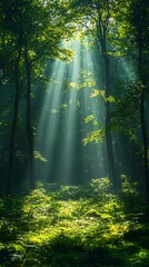 Serene peaceful forest scene with sunlight rays and greenery high resolution hd picture