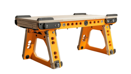 Portable workbench with clamps, sleek minimal design, versatile for various tasks, enhances workspace efficiency and organization.