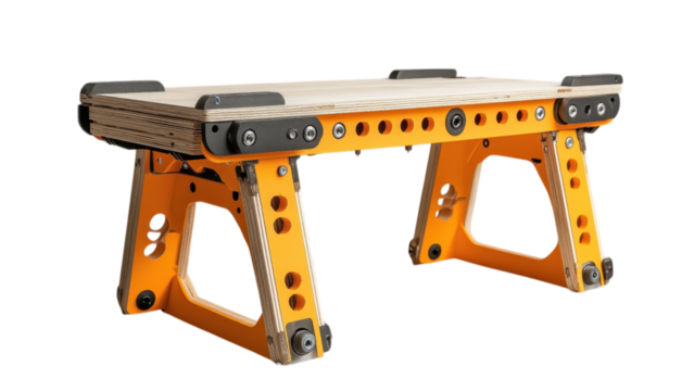 Portable workbench with clamps, sleek minimal design, versatile for various tasks, enhances workspace efficiency and organization.