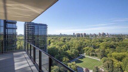 Fototapeta premium Cityscape View from Modern Balcony: High-Rise Luxury with Park and Skyline