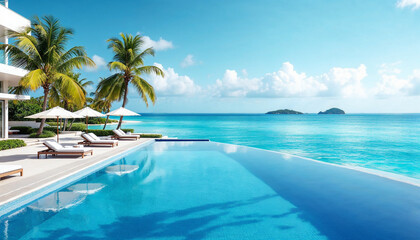 Naklejka premium Serene infinity pool with palm trees and ocean view on a sunny day