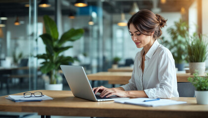 Professional woman working on a laptop in a modern office with indoor plants and natural light during the day