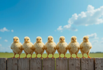 Seven fluffy yellow chicks standing in a row on a rustic wooden fence against a bright blue sky with white clouds