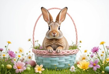 Adorable brown bunny sitting in a pastel Easter basket surrounded by colorful flowers and decorated eggs on green grass