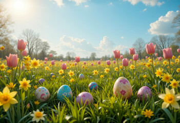 Colorful Easter eggs scattered in a vibrant spring meadow filled with blooming tulips and daffodils under a sunny sky