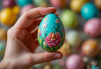 Hand holding a beautifully decorated Easter egg with intricate floral patterns, surrounded by colorful blurred eggs in the background
