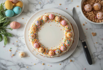 Festive Easter cake decorated with colorful frosting, sprinkles, and meringue cookies on a white plate, surrounded by painted eggs and baking ingredients on a marble table