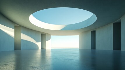 Circular skylight in modern minimalist interior architecture.