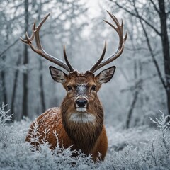 Fototapeta premium A close-up of a deer's antlers, with frost glittering on a white background.
