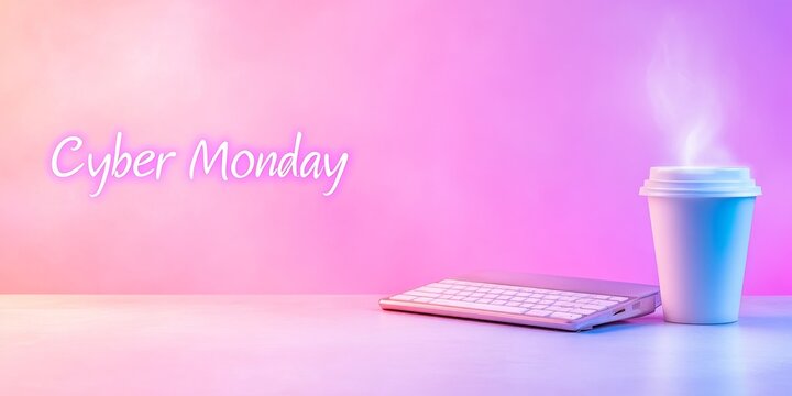 Cyber monday: laptop, keyboard, and coffee cup on gradient background