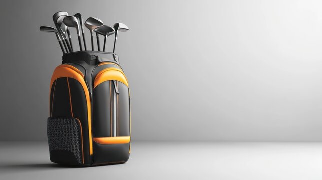 Black and orange golf backpack with clubs.