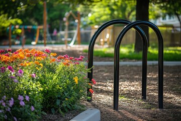 A bike rack in a sunny neighborhood park, framed by flower beds and distant swings.