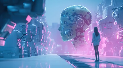 Fototapeta premium Woman gazes at a giant robotic head in a futuristic city.