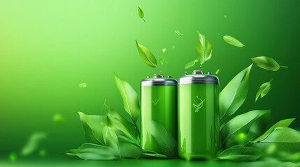 Two green eco-friendly batteries surrounded by leaves on a green background.
