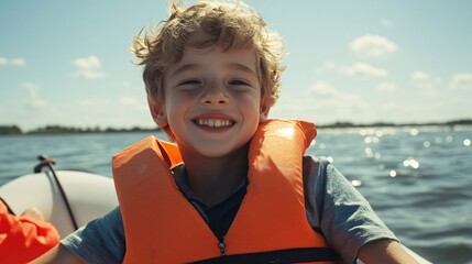 Fototapeta premium Cheerful Caucasian boy in a bright orange life vest smiles widely while enjoying a sunny day on a boat.