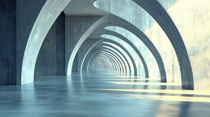 Abstract architectural hallway with repeating arches and concrete walls.