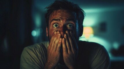 A surprised Caucasian man in his 30s reacts with shock, gripping his face in a dimly lit room.