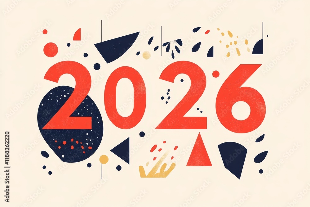 Poster abstract geometric design with bold 2026 numbers and colorful shapes