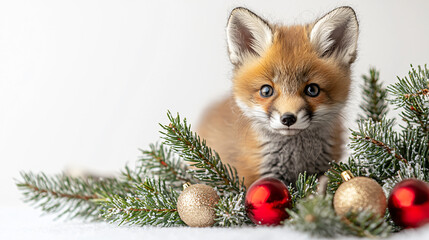 Adorable fox cub sitting miniature Christmas tree festive ornament charm holiday season cozy winter playful cheerful vibe photography baby cub cute home studio interior greeting invitation card zoo