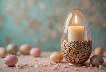 Elegant Easter-themed candle in an ornate holder with pastel-colored eggs and delicate floral decorations, creating a warm and serene festive atmosphere