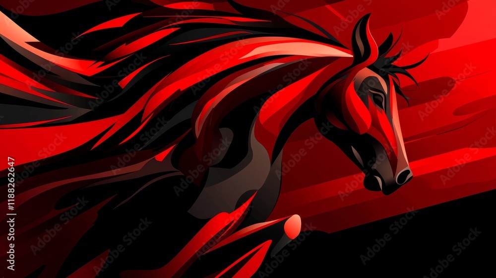 Poster dynamic abstract horse in motion with bold red and black color palette