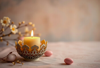 Lit candle in an ornate holder on a soft pastel table with pink decorative eggs and floral accents, creating a warm and serene ambiance