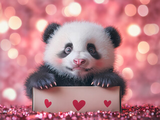 Adorable panda bear with a box and red heart-shaped stickers. Valentine's Day holiday, Women's Day design concept.