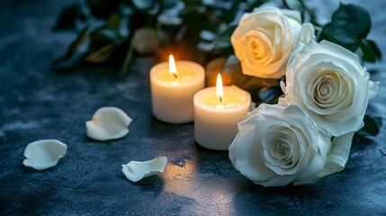 A serene arrangement of white roses and glowing candles, creating a peaceful ambiance.