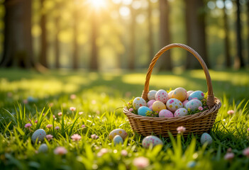 Wicker basket filled with colorful spotted Easter eggs on grass surrounded by pink wildflowers in a sunlit forest setting