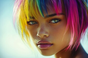 Obraz premium Attractive calm mixed-race girl - for ads, flyer and digital marketing use. Short hairdo - multicolored hair. Commercial commercial visual idea. Short colored hair trend. Advertising concept.
