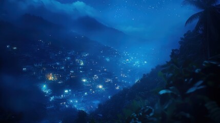 Obraz premium Nightfall Enchantment: A Serene Mountain Village Under the Stars