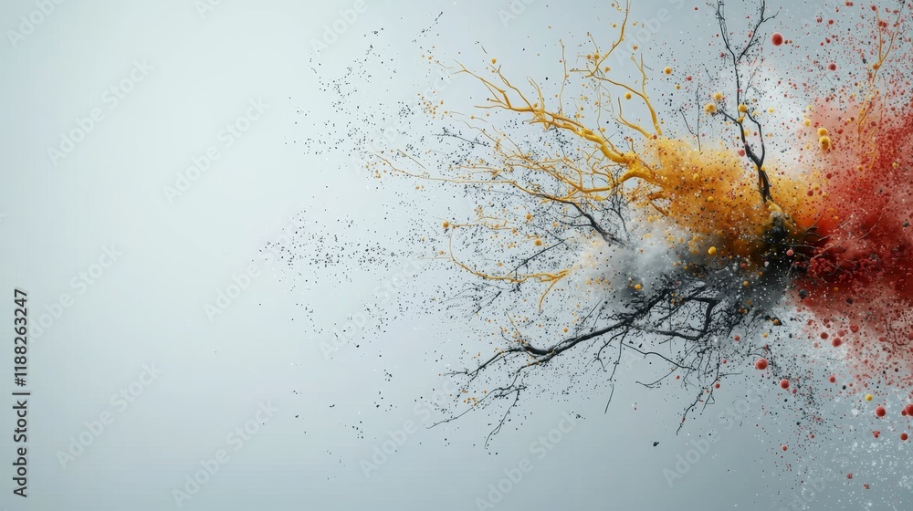 Poster abstract explosion of vibrant colors and dynamic branch-like shapes on white background