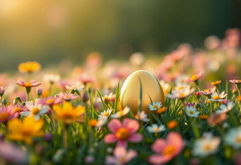 Golden Easter egg surrounded by colorful spring flowers in a sunny meadow, creating a warm and festive atmosphere