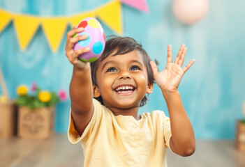 Excited child holding a colorful Easter egg with a joyful smile, surrounded by festive decorations and vibrant colors