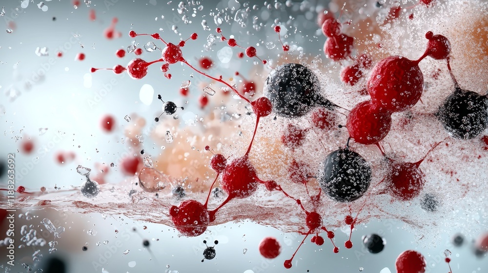 Poster abstract molecular structure with red and black spheres in a dynamic fluid environment
