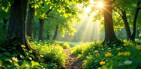 Fototapeta premium Summer forest scene with sunlight filtering through leaves, shade, warm