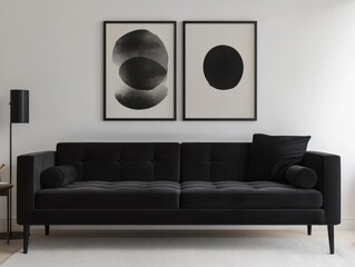 Black Velvet Sofa with Abstract Black and White Art